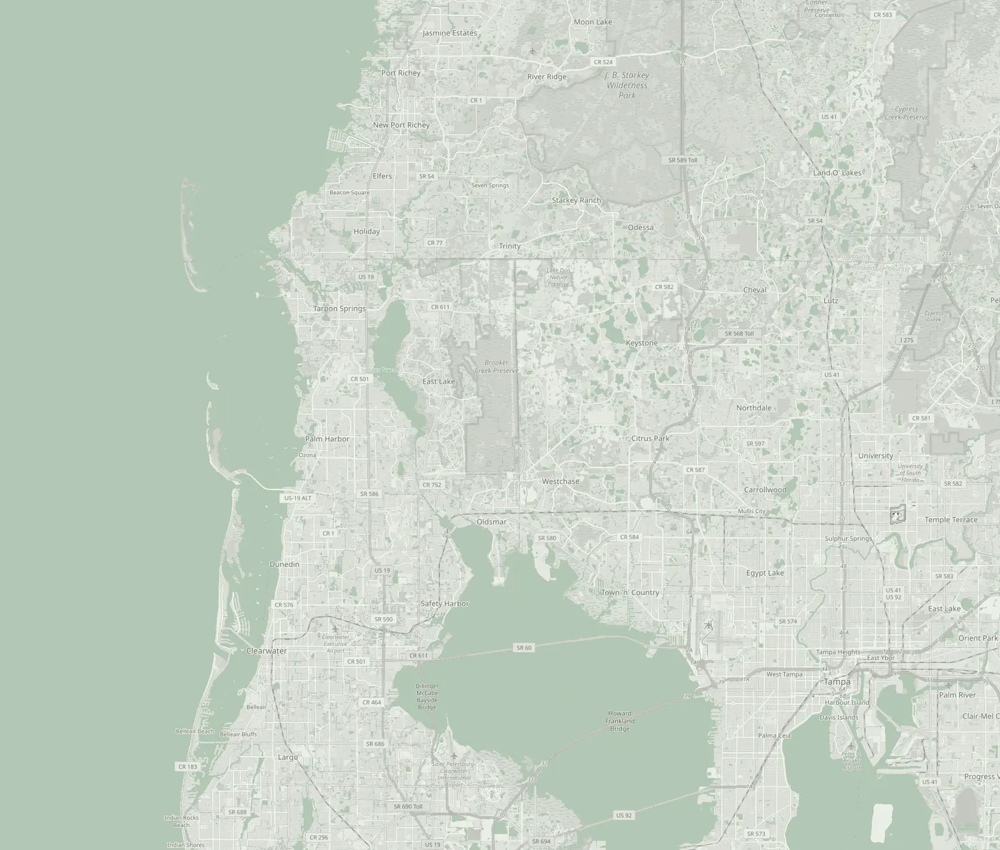Map of the Tampa Bay service area: Palm Harbor, Tarpon Springs, New Port Richey, Dunedin, Clearwater, Oldsmar and Tampa